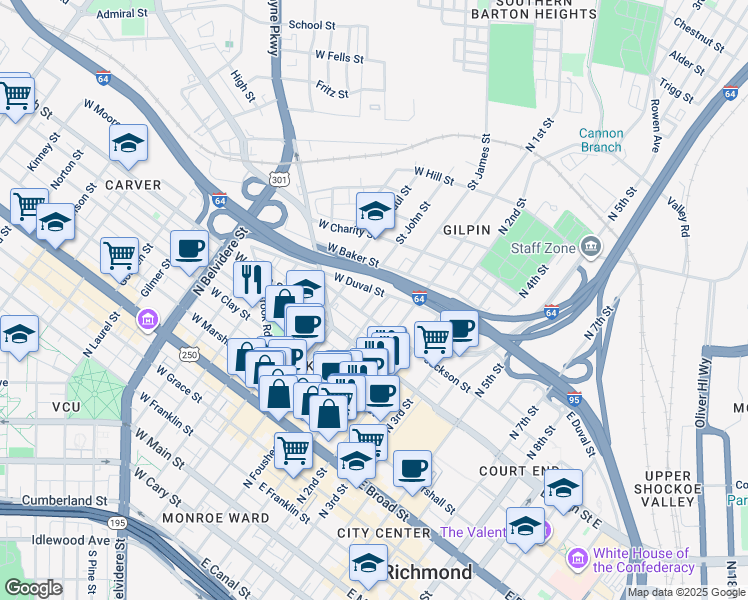 map of restaurants, bars, coffee shops, grocery stores, and more near 717 Cameo Street in Richmond