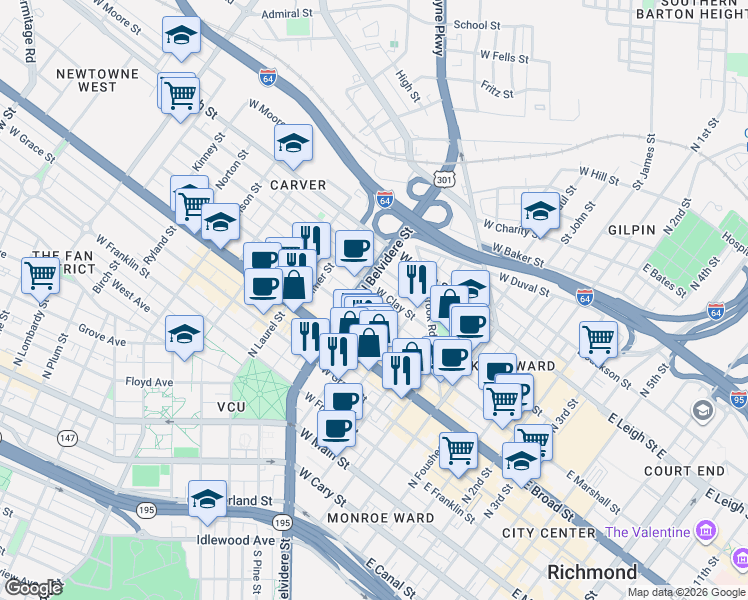 map of restaurants, bars, coffee shops, grocery stores, and more near 407 North Henry Street in Richmond