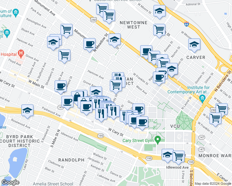 map of restaurants, bars, coffee shops, grocery stores, and more near in Richmond
