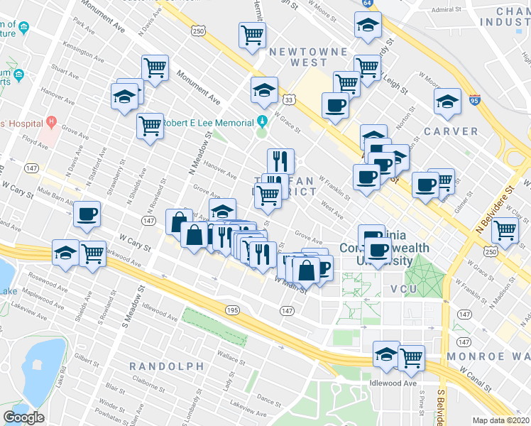map of restaurants, bars, coffee shops, grocery stores, and more near in Richmond