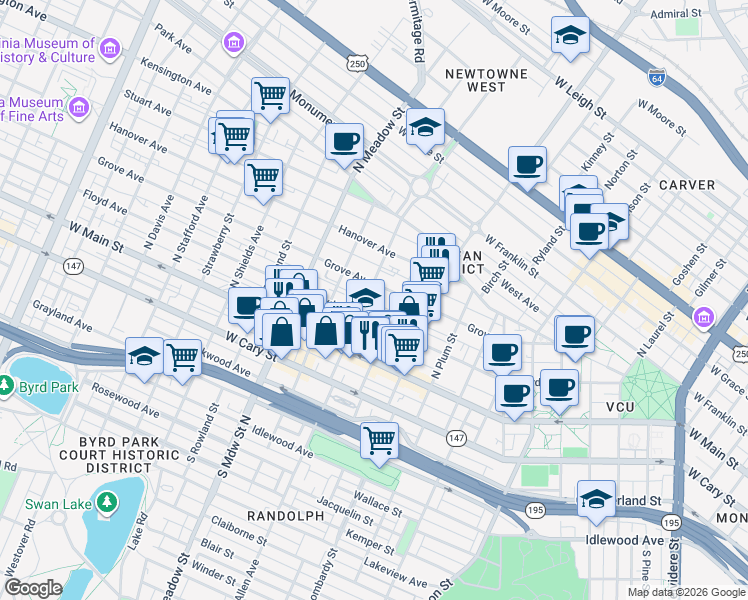 map of restaurants, bars, coffee shops, grocery stores, and more near 104 North Vine Street in Richmond