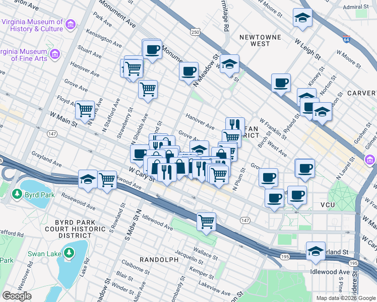 map of restaurants, bars, coffee shops, grocery stores, and more near 1802 Floyd Avenue in Richmond