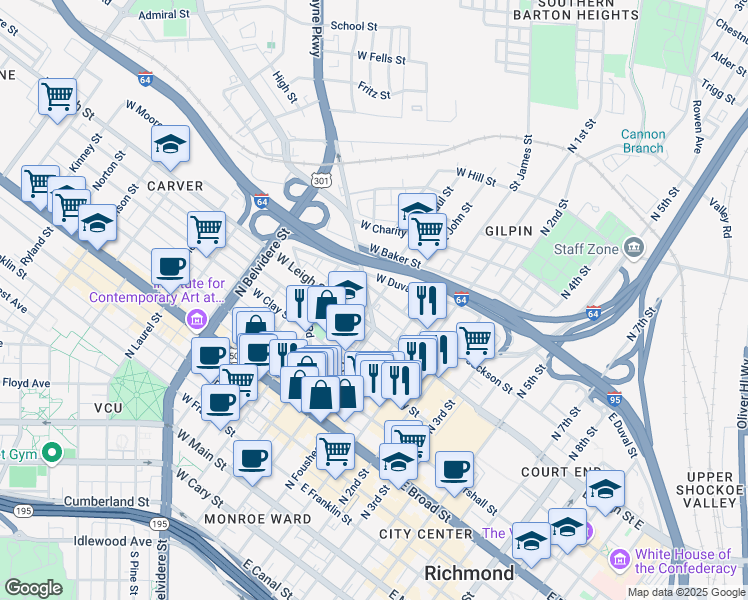 map of restaurants, bars, coffee shops, grocery stores, and more near 600 Chamberlayne Parkway in Richmond