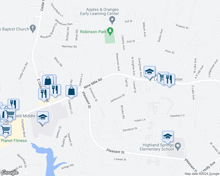 map of restaurants, bars, coffee shops, grocery stores, and more near 3213 Ainsworth Lane in Richmond