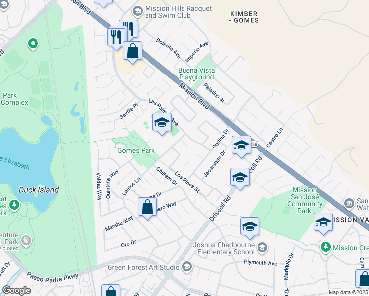 map of restaurants, bars, coffee shops, grocery stores, and more near 40743 Rainwater Court in Fremont