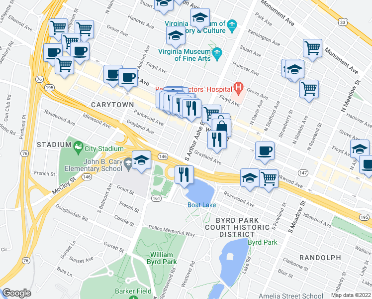 map of restaurants, bars, coffee shops, grocery stores, and more near 2804 Idlewood Avenue in Richmond