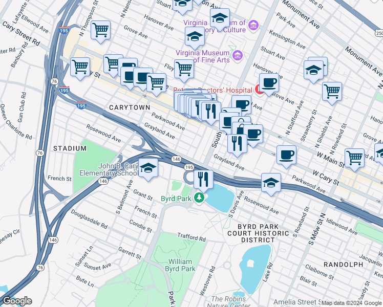 map of restaurants, bars, coffee shops, grocery stores, and more near 314 South Colonial Avenue in Richmond