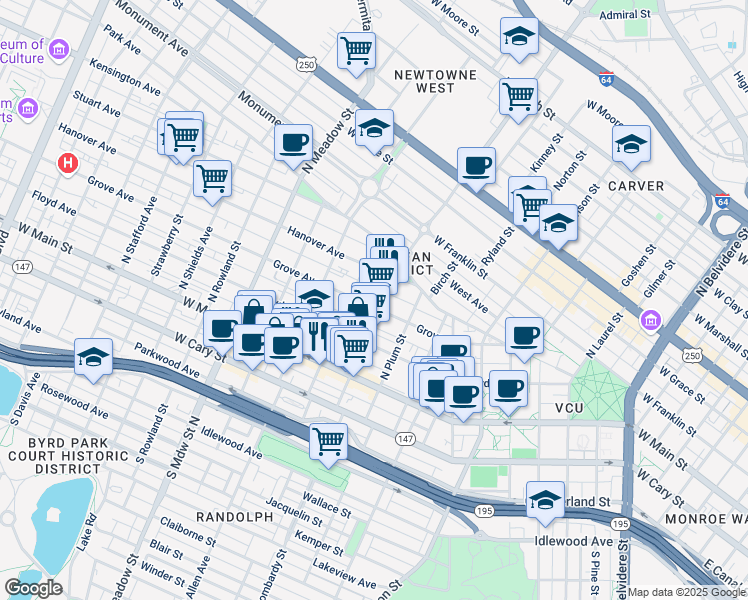 map of restaurants, bars, coffee shops, grocery stores, and more near 1604 Grove Avenue in Richmond