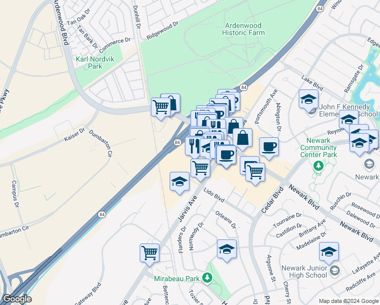 map of restaurants, bars, coffee shops, grocery stores, and more near 34905 Newark Boulevard in Newark