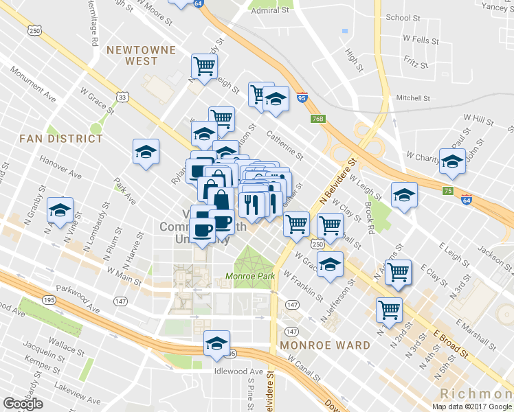 map of restaurants, bars, coffee shops, grocery stores, and more near 823 West Broad Street in Richmond
