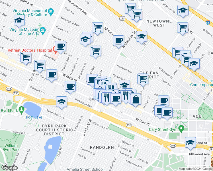 map of restaurants, bars, coffee shops, grocery stores, and more near 1925 Floyd Avenue in Richmond