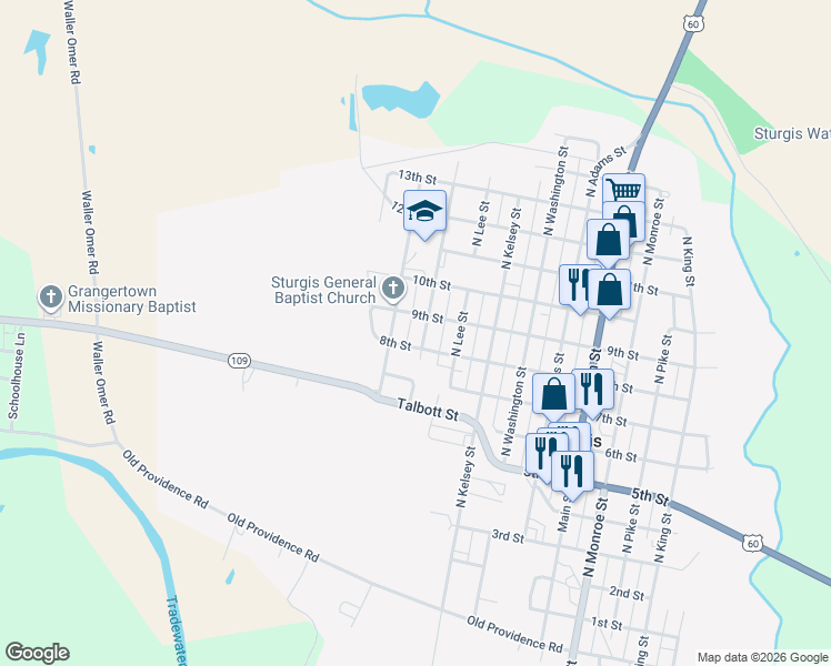 map of restaurants, bars, coffee shops, grocery stores, and more near 601-615 8th Street in Sturgis