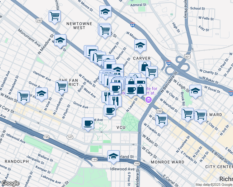 map of restaurants, bars, coffee shops, grocery stores, and more near 909 West Grace Street in Richmond