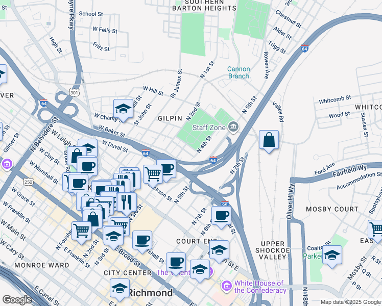 map of restaurants, bars, coffee shops, grocery stores, and more near 316 East Preston Street in Richmond
