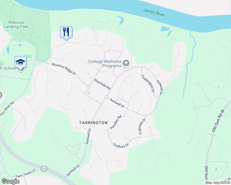 map of restaurants, bars, coffee shops, grocery stores, and more near 12824 Yatesbury Lane in Midlothian