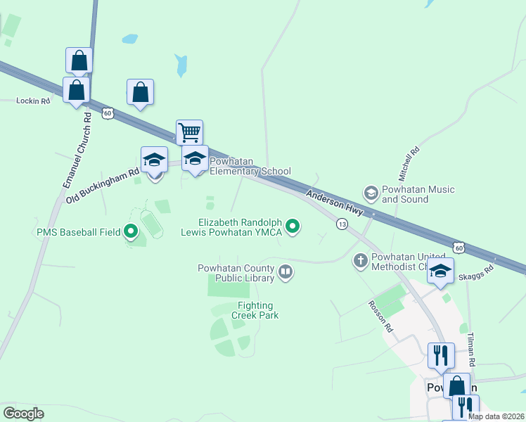 map of restaurants, bars, coffee shops, grocery stores, and more near 4027 Old Buckingham Road in Powhatan