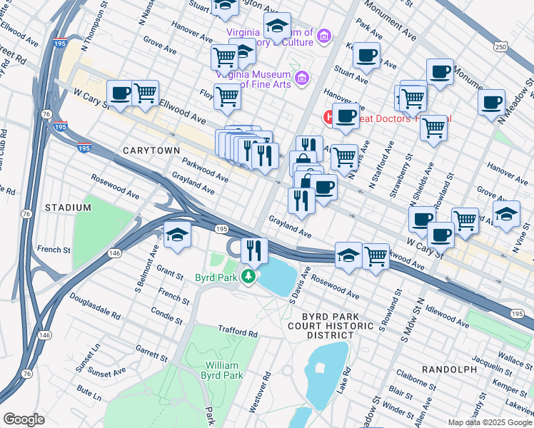 map of restaurants, bars, coffee shops, grocery stores, and more near 217 South Boulevard in Richmond