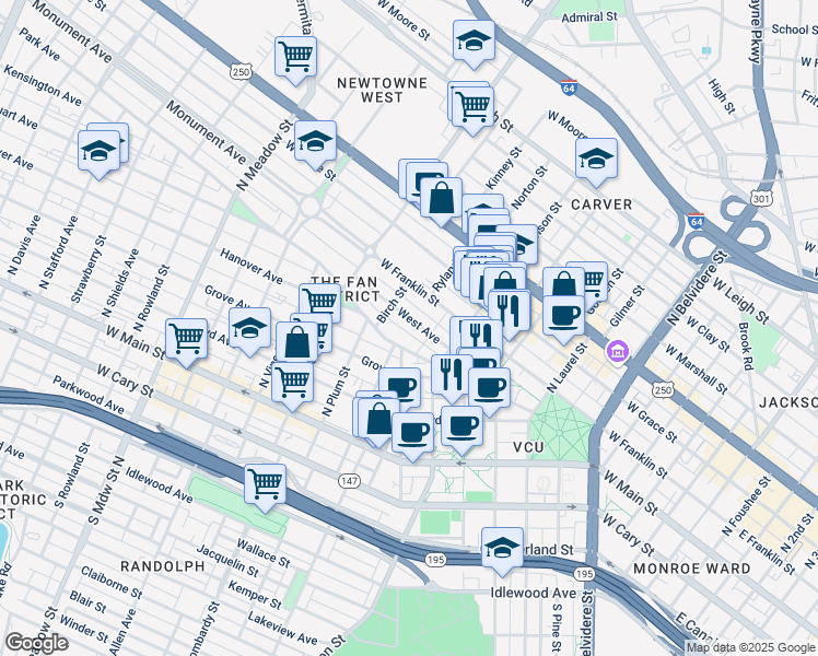 map of restaurants, bars, coffee shops, grocery stores, and more near in Richmond