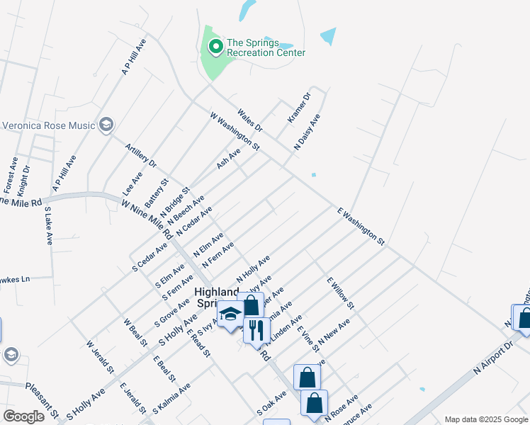 map of restaurants, bars, coffee shops, grocery stores, and more near 130 North Fern Avenue in Highland Springs