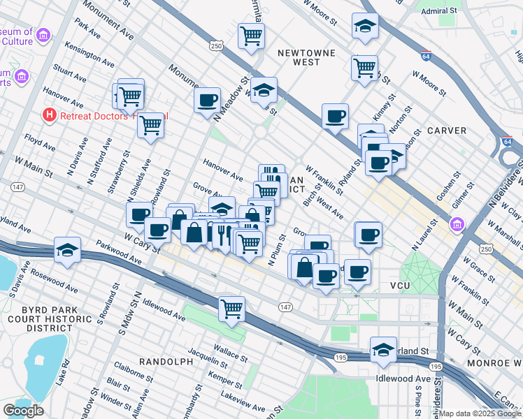 map of restaurants, bars, coffee shops, grocery stores, and more near 1608 Grove Avenue in Richmond