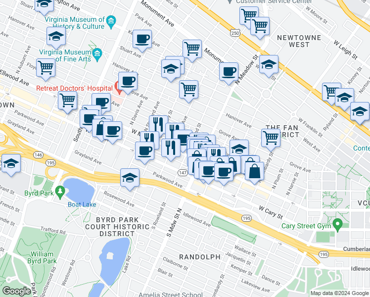 map of restaurants, bars, coffee shops, grocery stores, and more near 10 North Rowland Street in Richmond