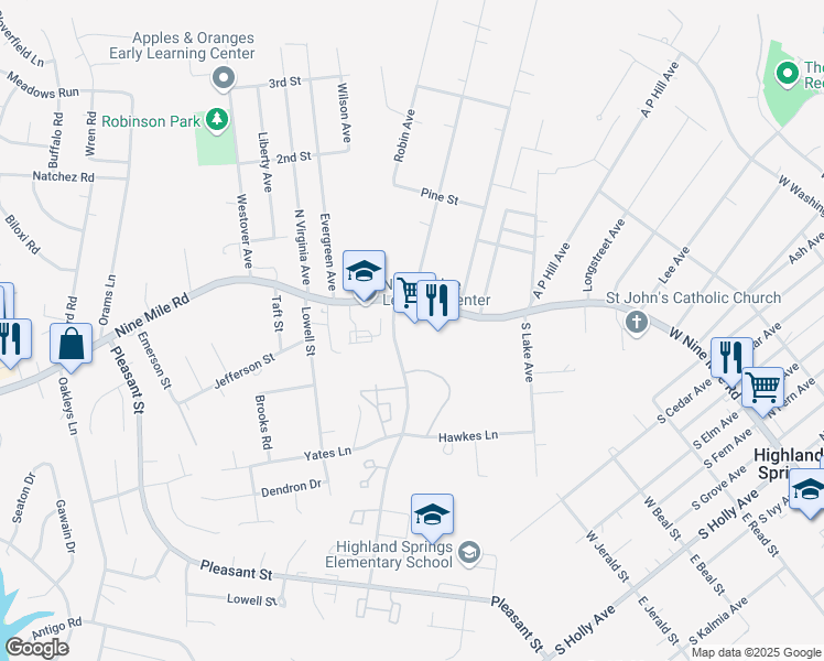 map of restaurants, bars, coffee shops, grocery stores, and more near 6009 Nine Mile Road in Richmond