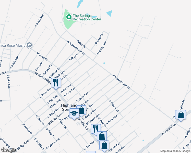 map of restaurants, bars, coffee shops, grocery stores, and more near 204 North Grove Avenue in Henrico