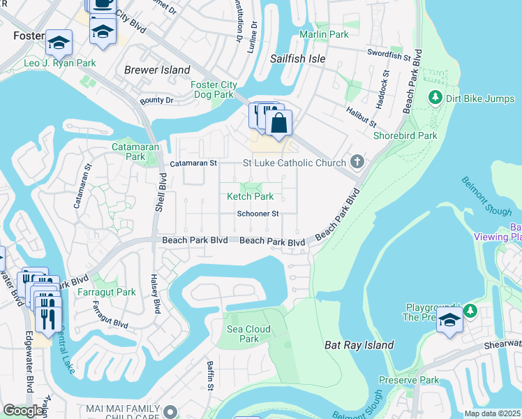 map of restaurants, bars, coffee shops, grocery stores, and more near 310 Staysail Court in Foster City