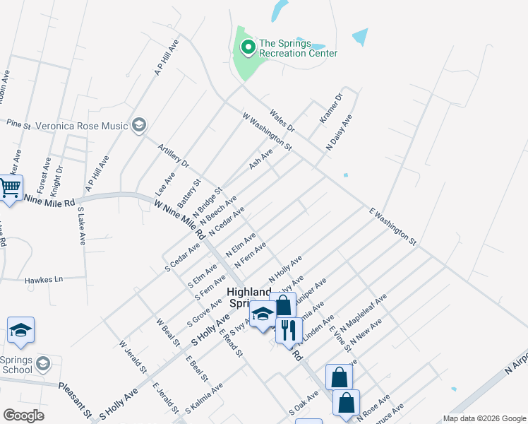 map of restaurants, bars, coffee shops, grocery stores, and more near 111 South Elm Avenue in Henrico