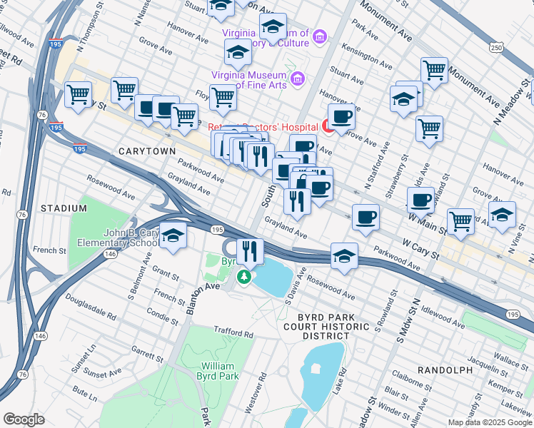 map of restaurants, bars, coffee shops, grocery stores, and more near 215 South Boulevard in Richmond