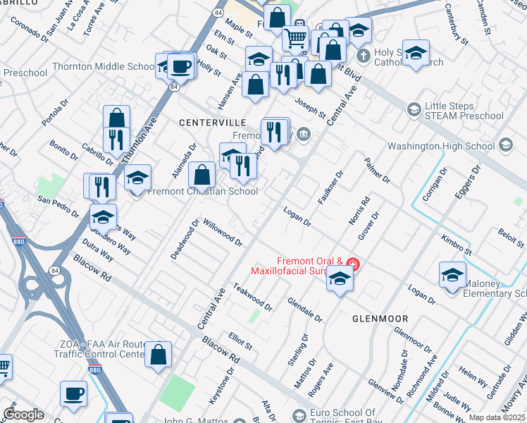 map of restaurants, bars, coffee shops, grocery stores, and more near 4549 Central Avenue in Fremont