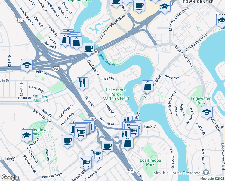 map of restaurants, bars, coffee shops, grocery stores, and more near 1500 Marina Court in San Mateo