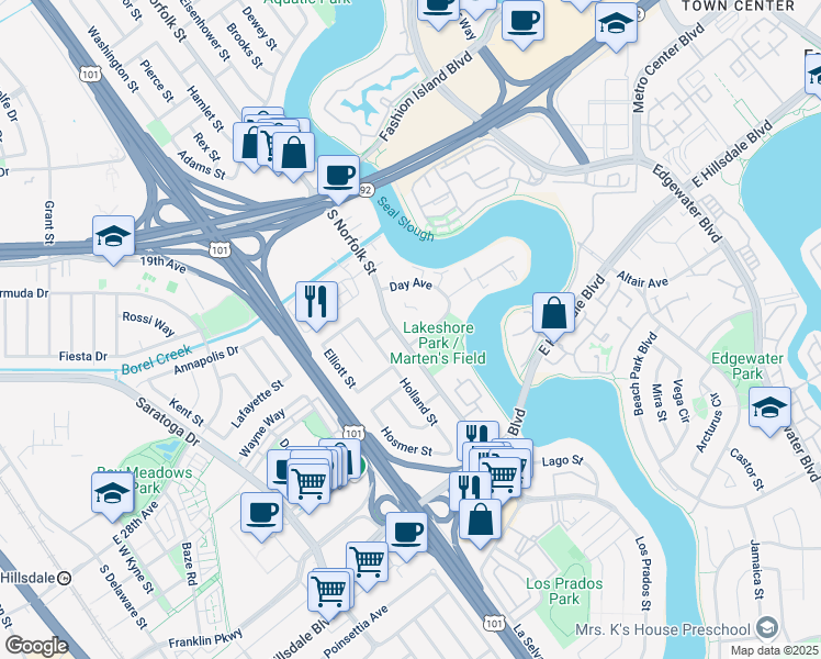map of restaurants, bars, coffee shops, grocery stores, and more near 1500 Marina Court in San Mateo