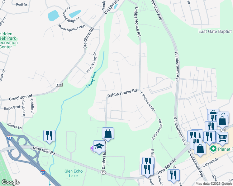map of restaurants, bars, coffee shops, grocery stores, and more near 471 Dabbs House Road in Richmond