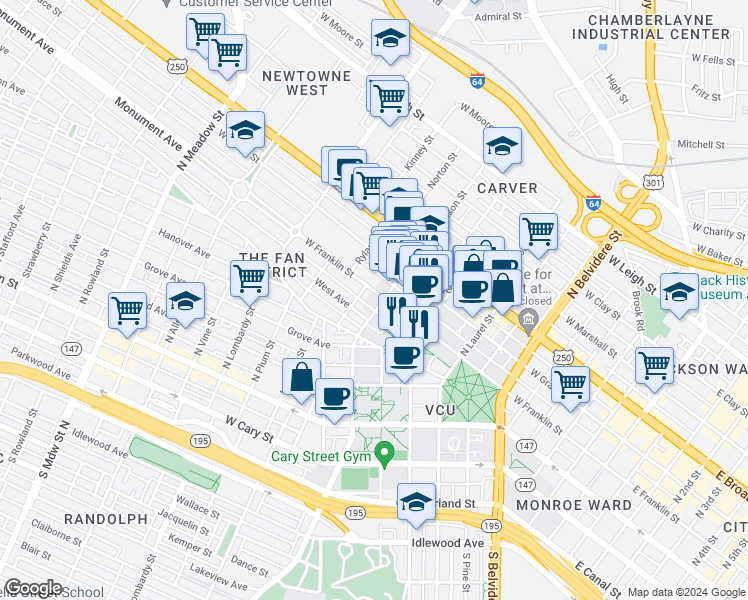 map of restaurants, bars, coffee shops, grocery stores, and more near in Richmond