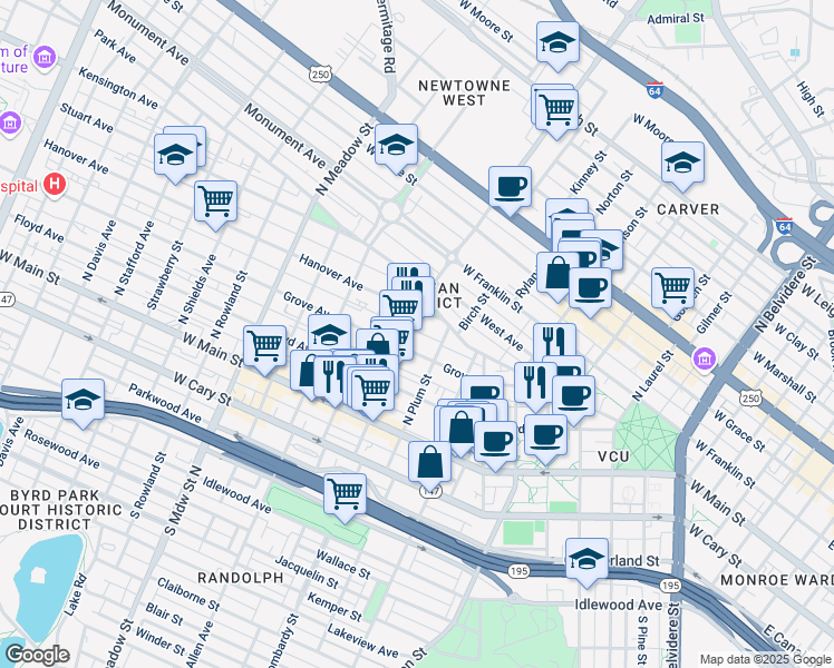 map of restaurants, bars, coffee shops, grocery stores, and more near 1502 Grove Avenue in Richmond
