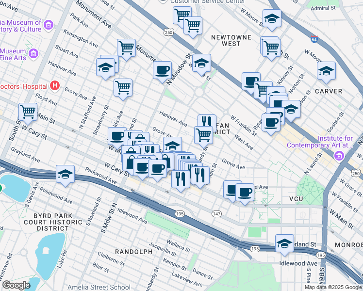 map of restaurants, bars, coffee shops, grocery stores, and more near 104 North Vine Street in Richmond