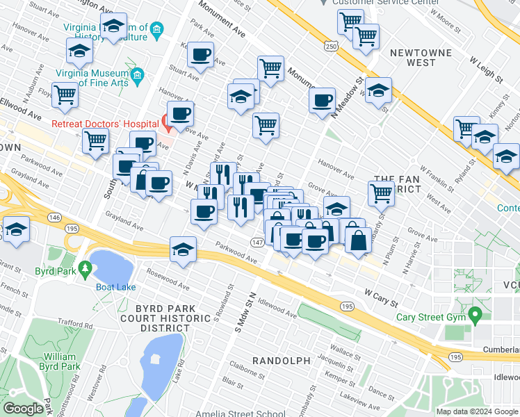 map of restaurants, bars, coffee shops, grocery stores, and more near 2105 West Main Street in Richmond