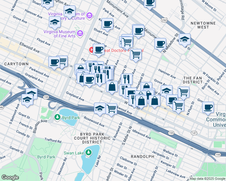 map of restaurants, bars, coffee shops, grocery stores, and more near in Richmond