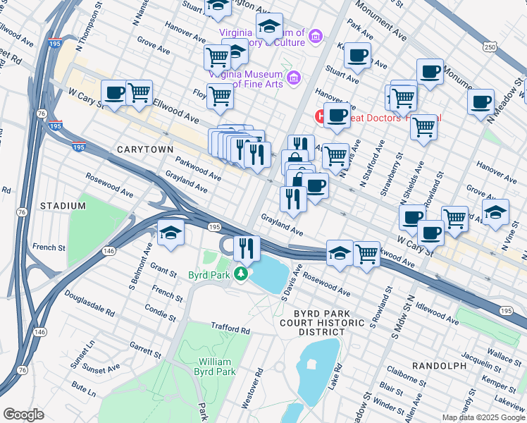map of restaurants, bars, coffee shops, grocery stores, and more near 2707 Grayland Avenue in Richmond
