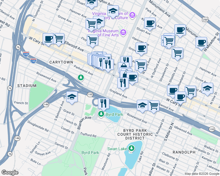 map of restaurants, bars, coffee shops, grocery stores, and more near 2707 Grayland Avenue in Richmond