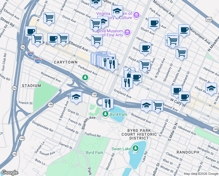 map of restaurants, bars, coffee shops, grocery stores, and more near 2804 Idlewood Avenue in Richmond