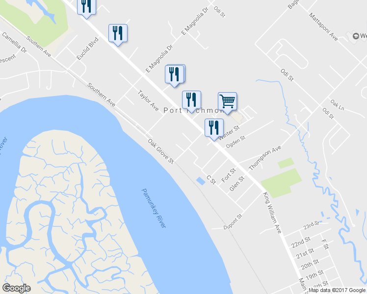 map of restaurants, bars, coffee shops, grocery stores, and more near 2950 Romancoke Avenue in West Point