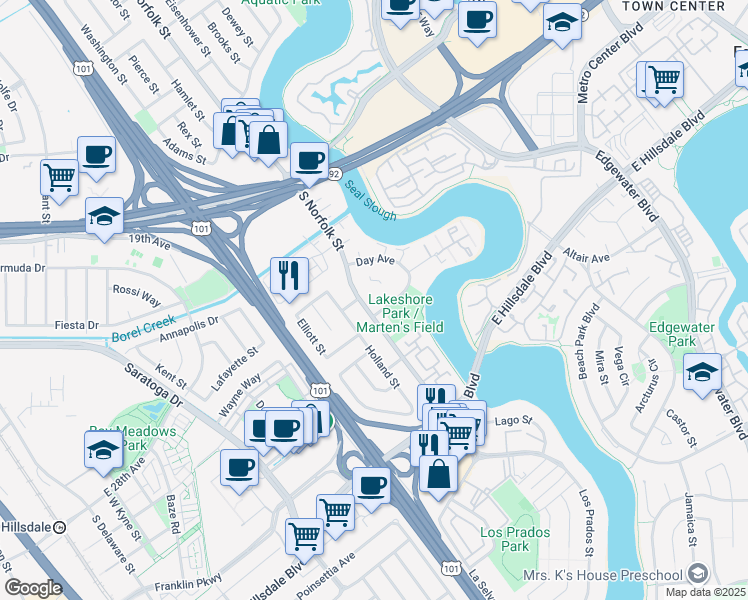 map of restaurants, bars, coffee shops, grocery stores, and more near 2425 South Norfolk Street in San Mateo