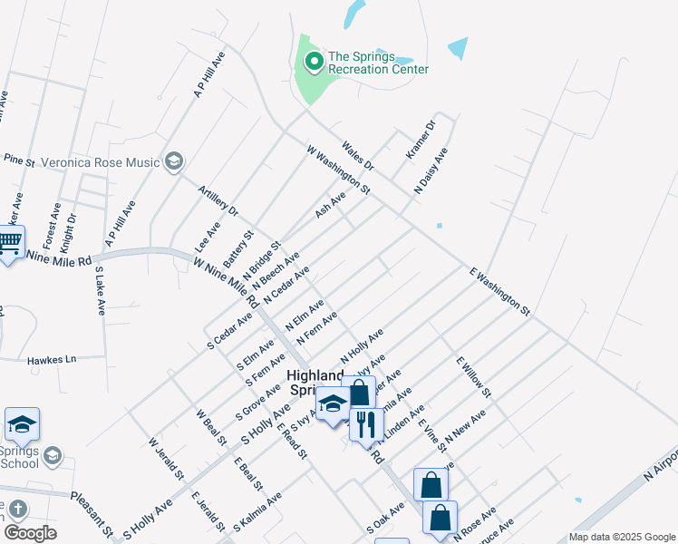map of restaurants, bars, coffee shops, grocery stores, and more near 115 North Daisy Avenue in Henrico
