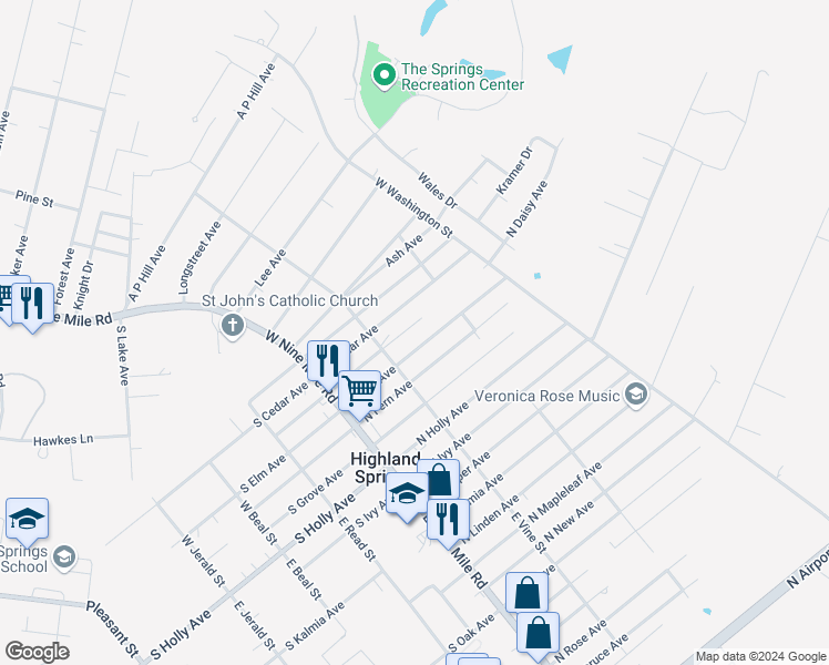 map of restaurants, bars, coffee shops, grocery stores, and more near 115 North Daisy Avenue in Henrico