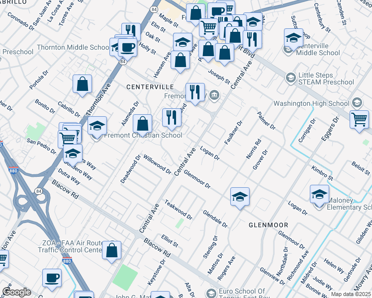 map of restaurants, bars, coffee shops, grocery stores, and more near 4549 Central Avenue in Fremont