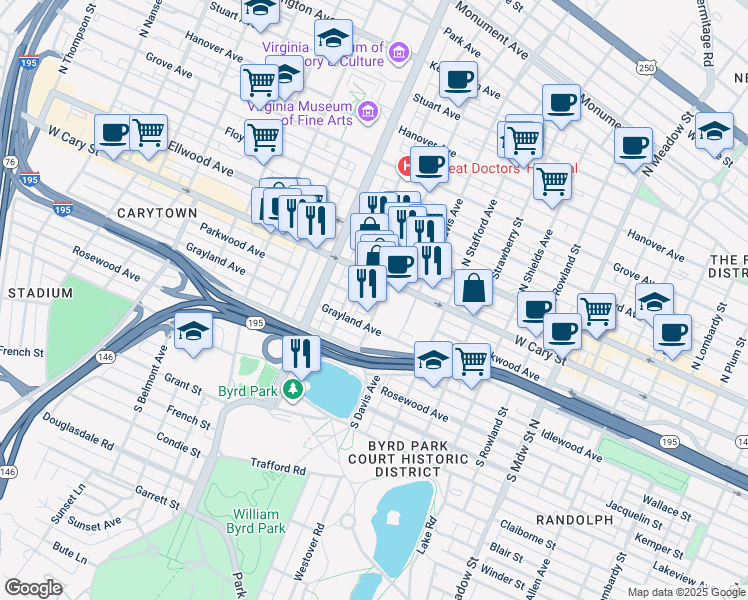map of restaurants, bars, coffee shops, grocery stores, and more near 2604 Parkwood Avenue in Richmond