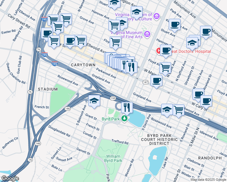 map of restaurants, bars, coffee shops, grocery stores, and more near 2910 Idlewood Avenue in Richmond
