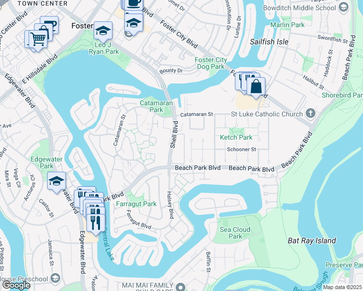 map of restaurants, bars, coffee shops, grocery stores, and more near 1041 Shell Boulevard in Foster City